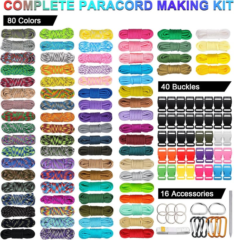 WEREWOLVES 80 Colors Paracord Cord, 550 Paracord Bracelet Crafting Combo Kits with Instruction - Multifunction Paracord Ropes, 10 Feet Each Parachute Cord for DIY Manual Braiding Supplies - Image 2